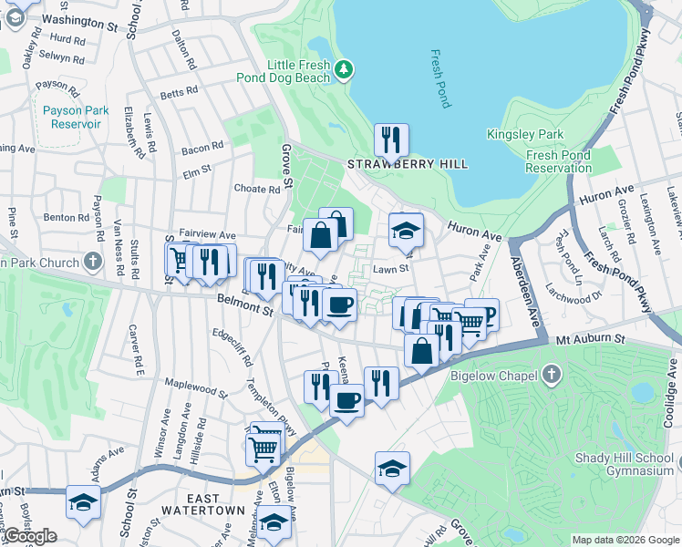 map of restaurants, bars, coffee shops, grocery stores, and more near 71 Oxford Circle in Belmont