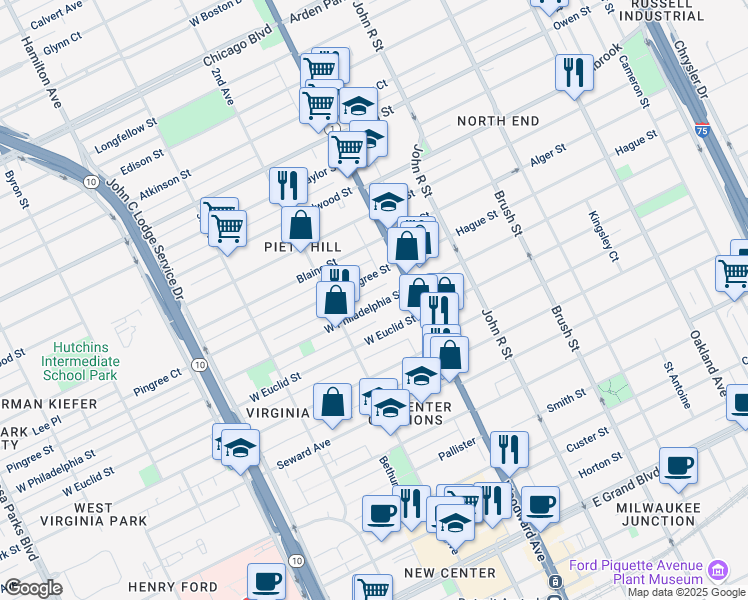 map of restaurants, bars, coffee shops, grocery stores, and more near 86 West Philadelphia Street in Detroit