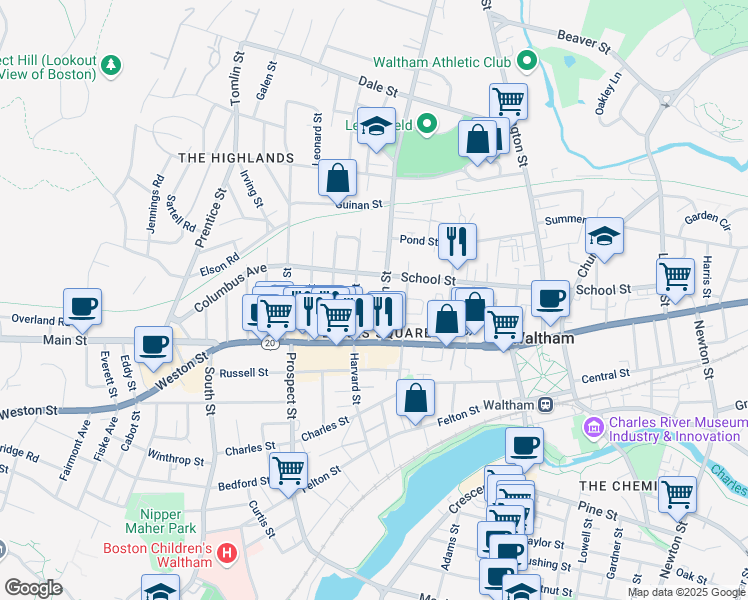 map of restaurants, bars, coffee shops, grocery stores, and more near 47b Bacon Street in Waltham