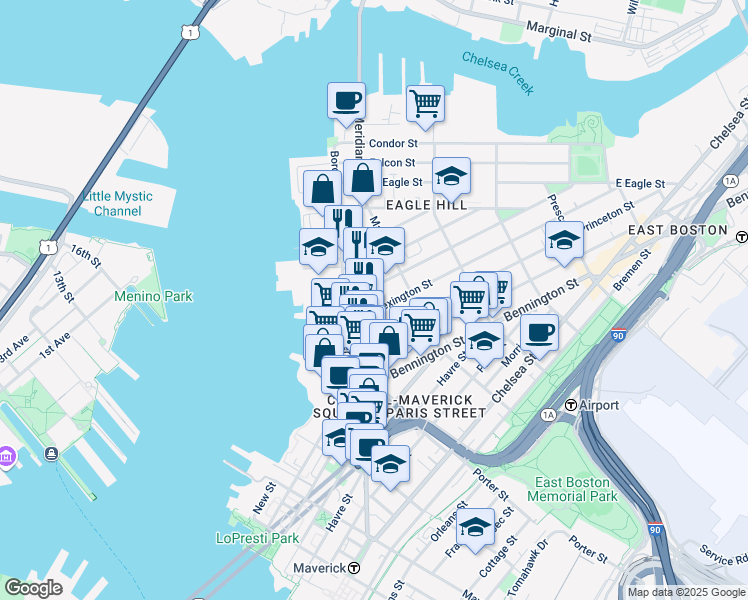 map of restaurants, bars, coffee shops, grocery stores, and more near 7 Trenton Street in Boston