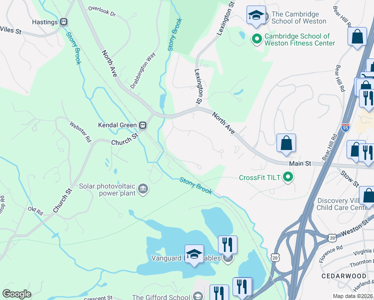 map of restaurants, bars, coffee shops, grocery stores, and more near 19 Forest Ridge Road in Weston