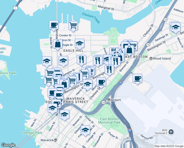 map of restaurants, bars, coffee shops, grocery stores, and more near 245 Saratoga Street in Boston