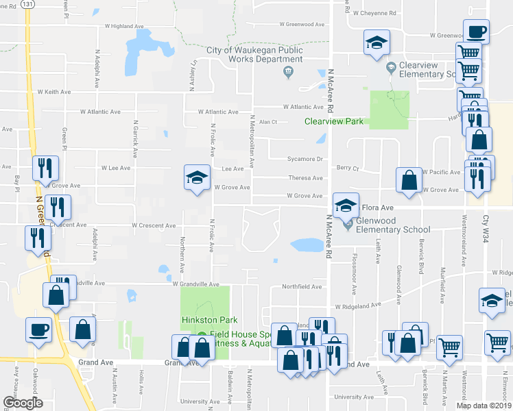map of restaurants, bars, coffee shops, grocery stores, and more near 2807 West Glen Flora Avenue in Waukegan