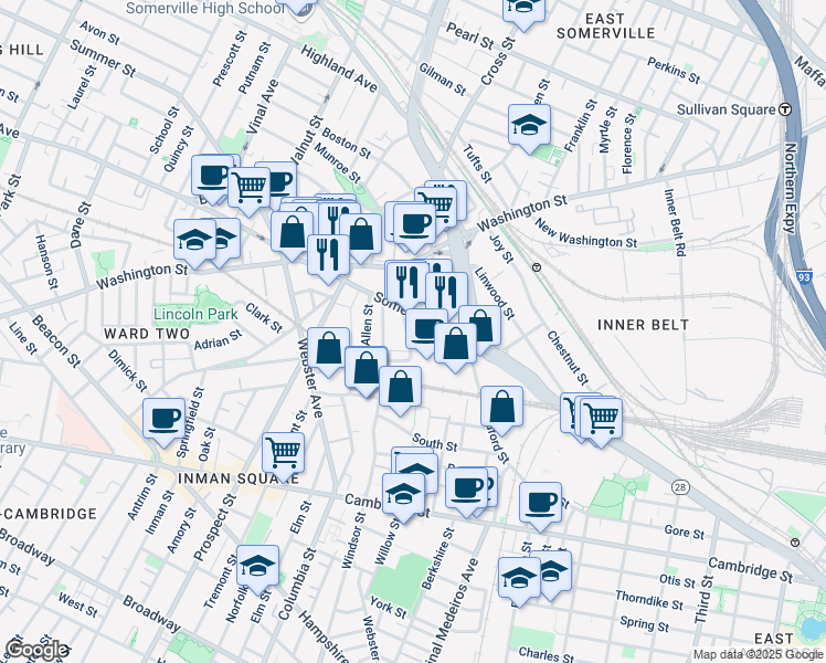 map of restaurants, bars, coffee shops, grocery stores, and more near 03 Rossmore Street in Somerville