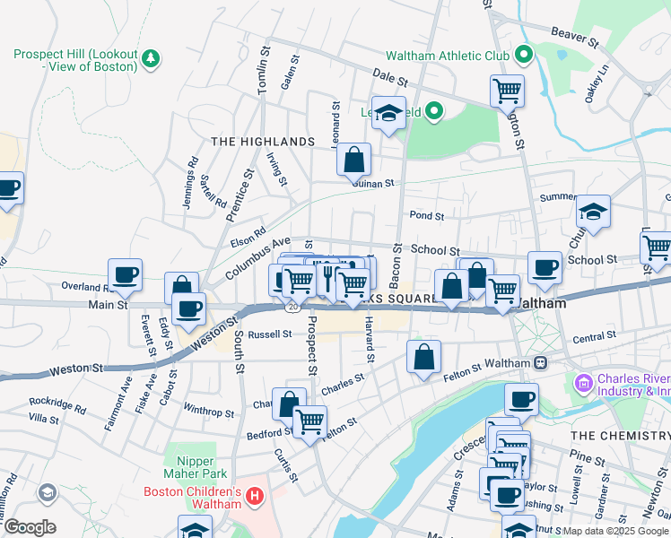 map of restaurants, bars, coffee shops, grocery stores, and more near 45b Francis Street in Waltham