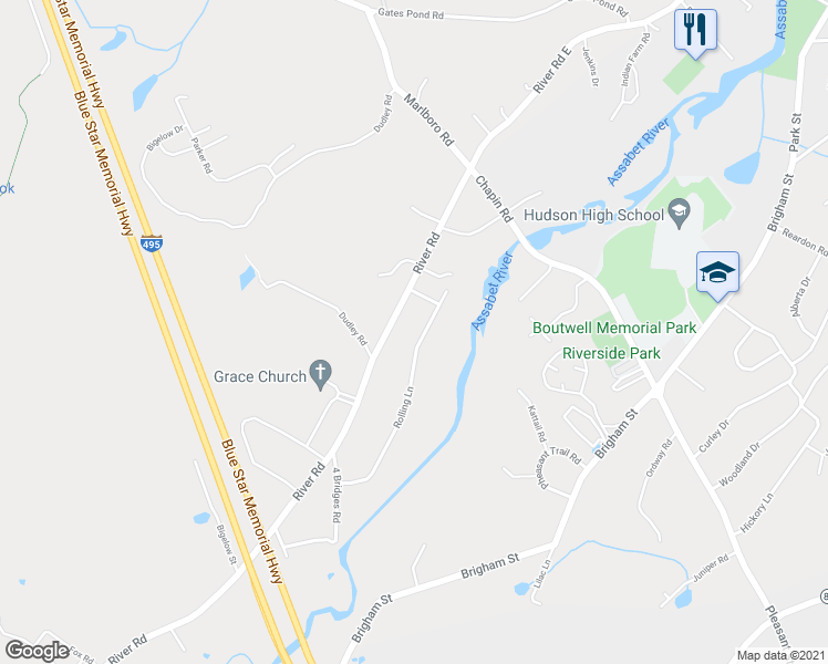 map of restaurants, bars, coffee shops, grocery stores, and more near 312 River Road in Hudson