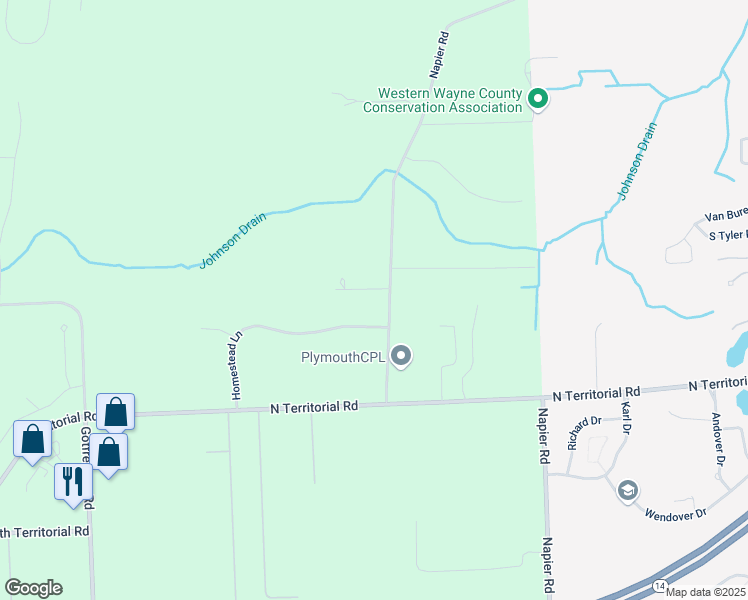 map of restaurants, bars, coffee shops, grocery stores, and more near 6435 Napier Road in Plymouth