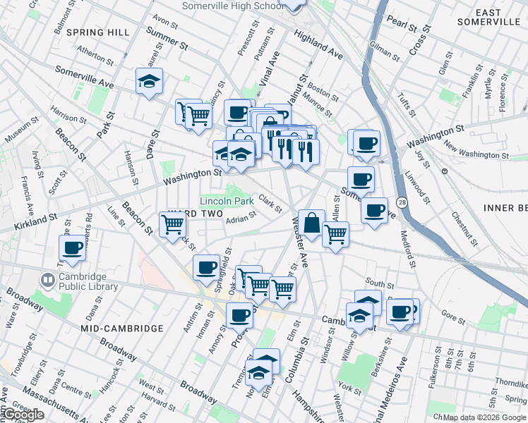 map of restaurants, bars, coffee shops, grocery stores, and more near 15 Joseph Street in Somerville