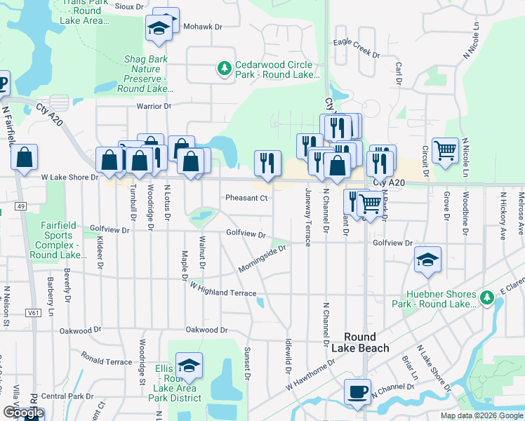 map of restaurants, bars, coffee shops, grocery stores, and more near 527 Pheasant Court in Round Lake Beach