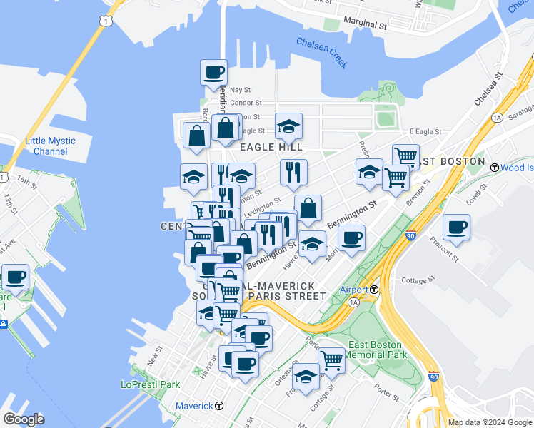 map of restaurants, bars, coffee shops, grocery stores, and more near 106 Marion Street in Boston