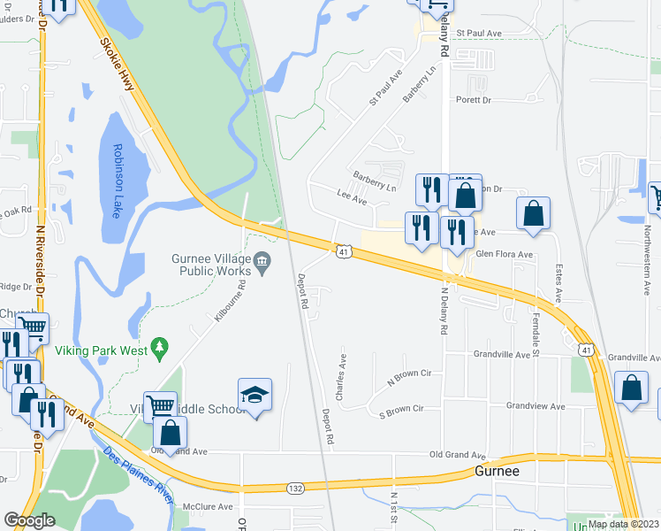 map of restaurants, bars, coffee shops, grocery stores, and more near 1281 Depot Road in Gurnee