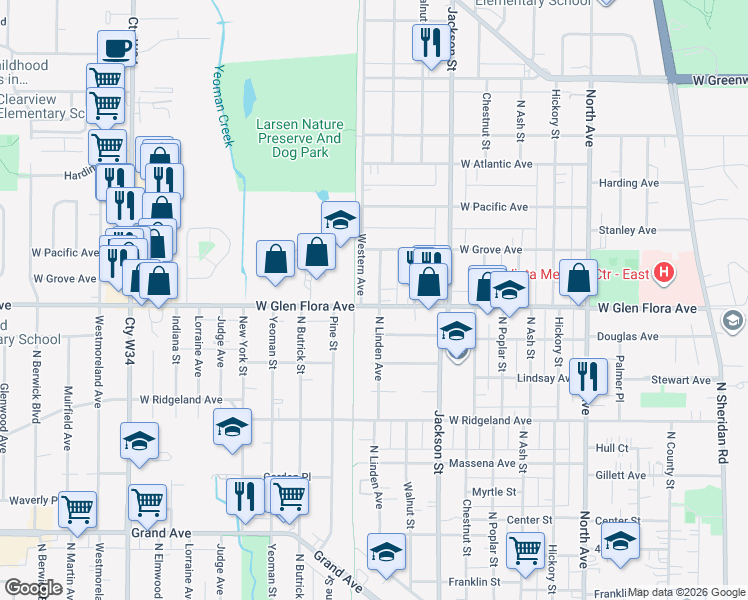 map of restaurants, bars, coffee shops, grocery stores, and more near 1104 West Glen Flora Avenue in Waukegan