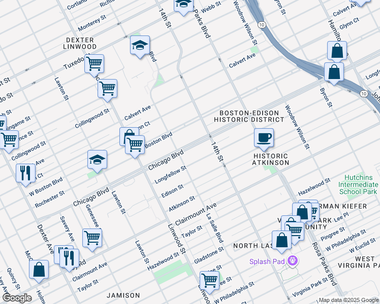 map of restaurants, bars, coffee shops, grocery stores, and more near 2324 Chicago Boulevard in Detroit