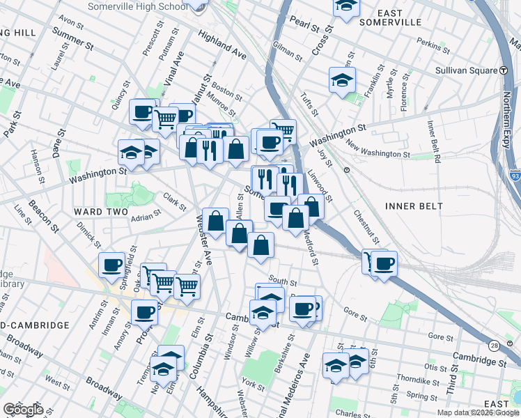 map of restaurants, bars, coffee shops, grocery stores, and more near 12 Linden Street in Somerville