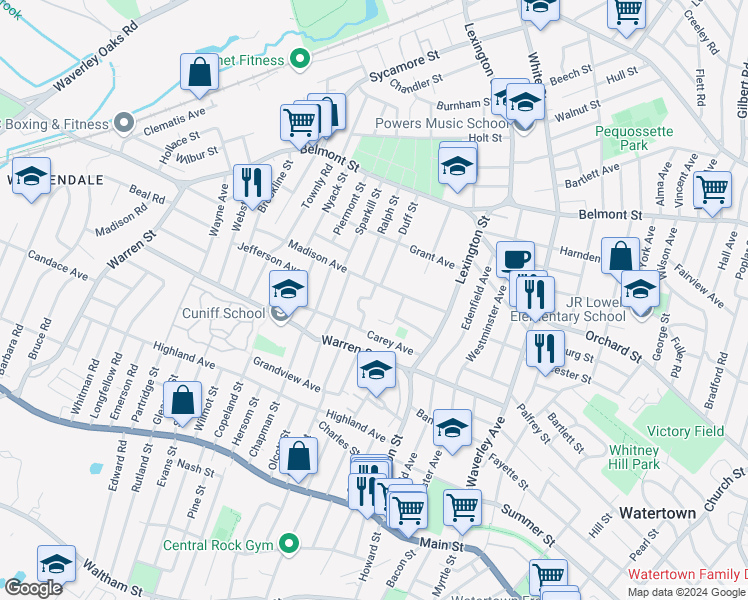 map of restaurants, bars, coffee shops, grocery stores, and more near 41 Rose Avenue in Watertown