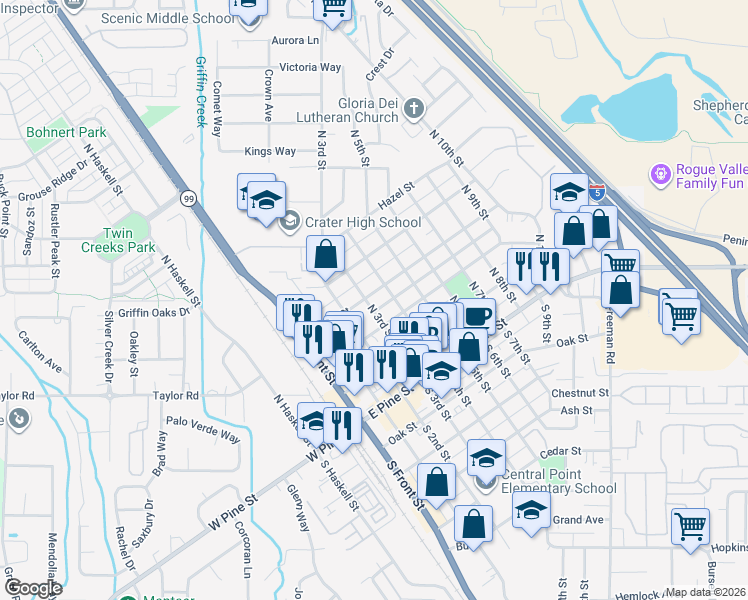 map of restaurants, bars, coffee shops, grocery stores, and more near 335 Maple Street in Central Point
