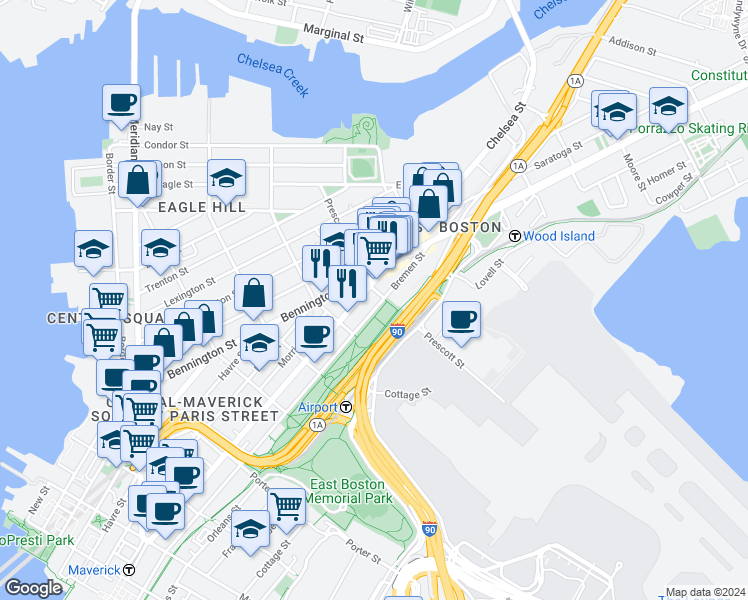 map of restaurants, bars, coffee shops, grocery stores, and more near 354 Chelsea Street in Boston
