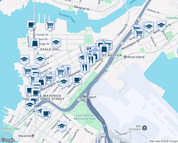 map of restaurants, bars, coffee shops, grocery stores, and more near 354 Chelsea Street in Boston