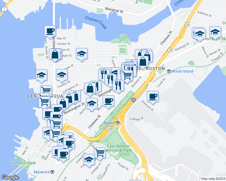 map of restaurants, bars, coffee shops, grocery stores, and more near 216 Bennington Street in Boston