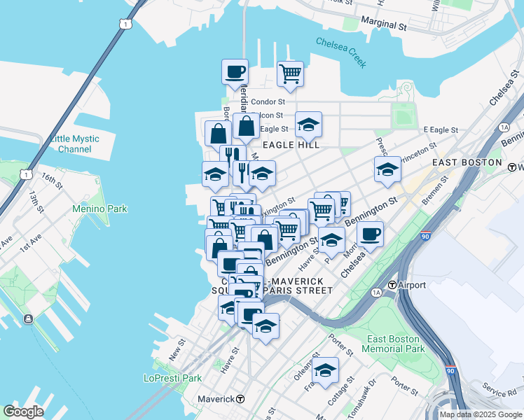 map of restaurants, bars, coffee shops, grocery stores, and more near 7 Trenton Street in Boston