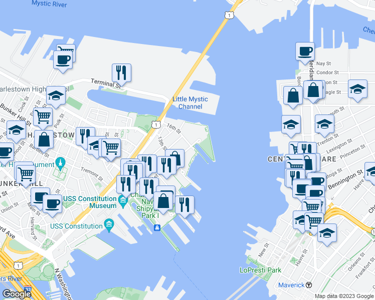 map of restaurants, bars, coffee shops, grocery stores, and more near 75 3rd Avenue in Boston