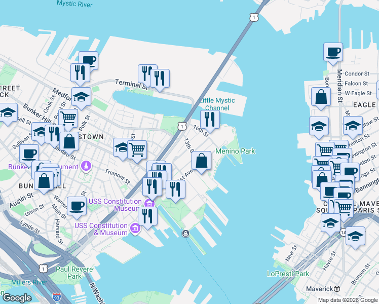 map of restaurants, bars, coffee shops, grocery stores, and more near in Boston