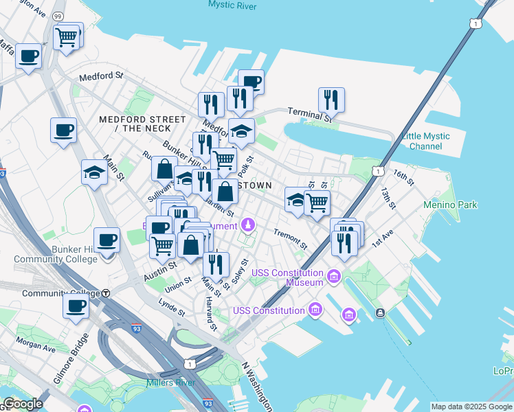 map of restaurants, bars, coffee shops, grocery stores, and more near in Boston