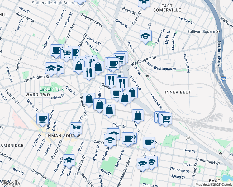 map of restaurants, bars, coffee shops, grocery stores, and more near 03 Rossmore Street in Somerville