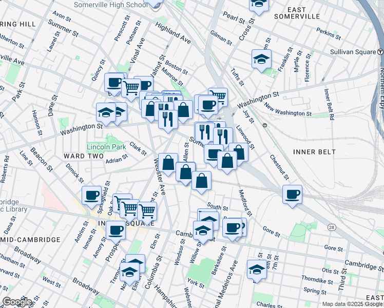 map of restaurants, bars, coffee shops, grocery stores, and more near 12 Linden Street in Somerville
