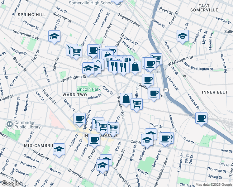 map of restaurants, bars, coffee shops, grocery stores, and more near in Somerville