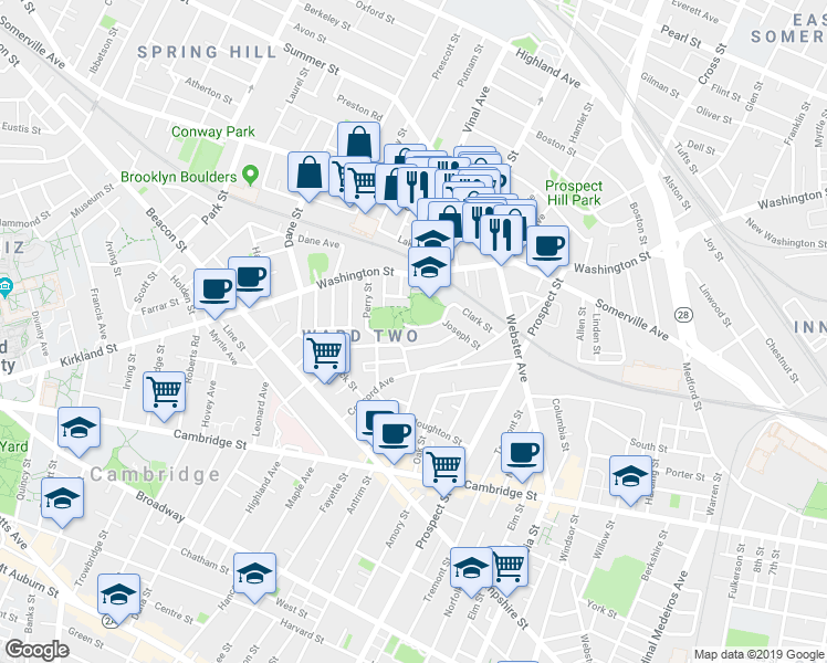 map of restaurants, bars, coffee shops, grocery stores, and more near 290 Washington Street in Somerville