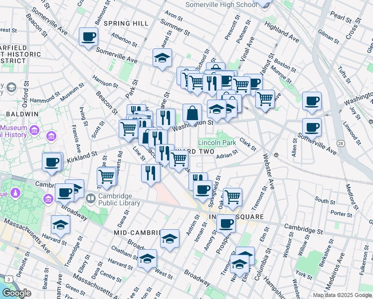 map of restaurants, bars, coffee shops, grocery stores, and more near 35 Rose Street in Somerville