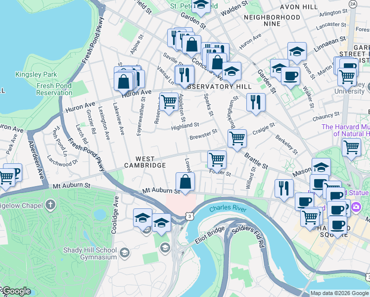 map of restaurants, bars, coffee shops, grocery stores, and more near 3 Kennedy Road in Cambridge