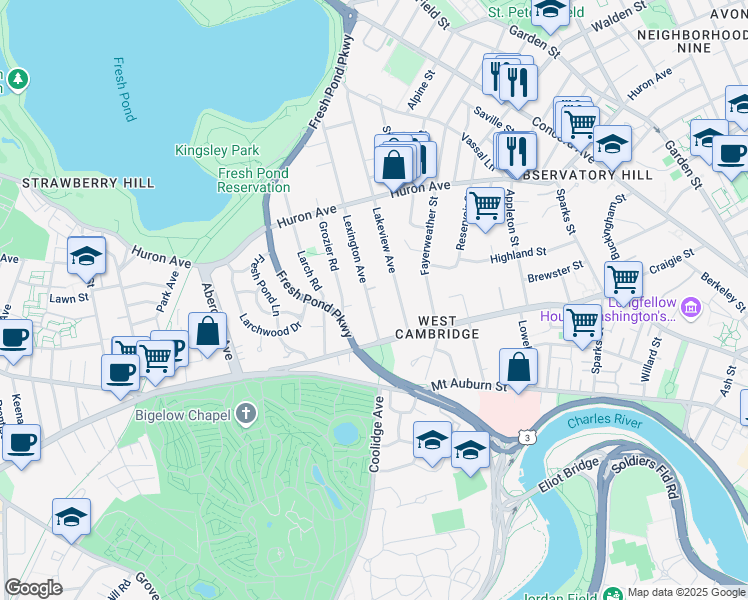 map of restaurants, bars, coffee shops, grocery stores, and more near 72 Lexington Avenue in Cambridge