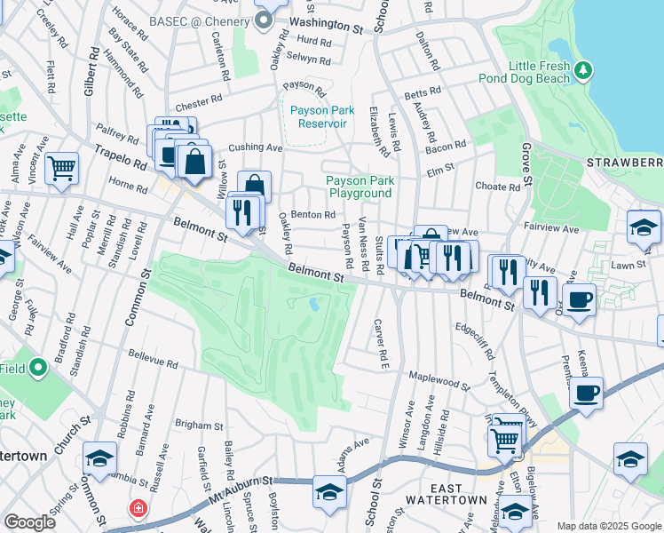 map of restaurants, bars, coffee shops, grocery stores, and more near 47 Lawndale Street in Belmont