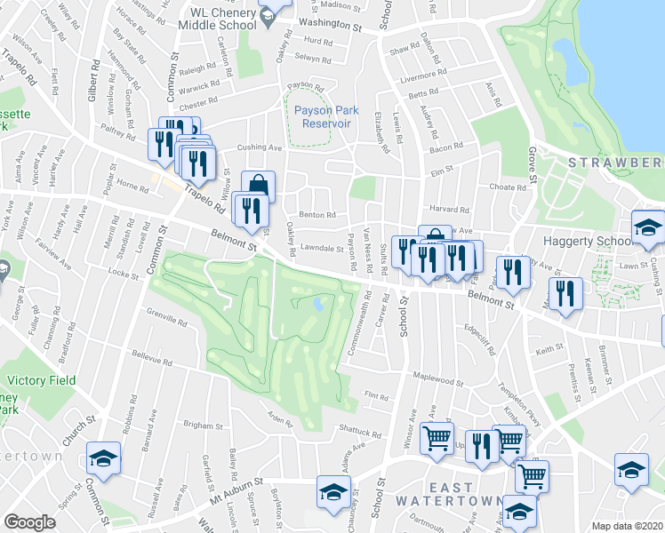 map of restaurants, bars, coffee shops, grocery stores, and more near 47 Lawndale Street in Belmont