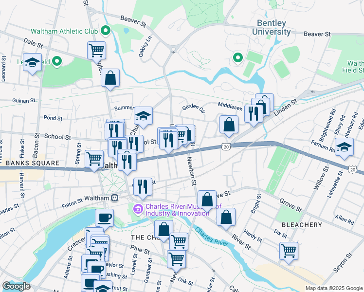 map of restaurants, bars, coffee shops, grocery stores, and more near 18 Harris Street in Waltham