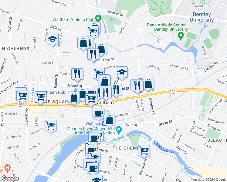 map of restaurants, bars, coffee shops, grocery stores, and more near 16 Park Place in Waltham