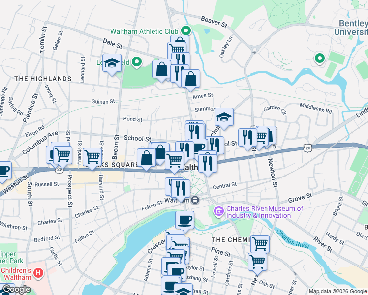 map of restaurants, bars, coffee shops, grocery stores, and more near 130 School Street in Waltham