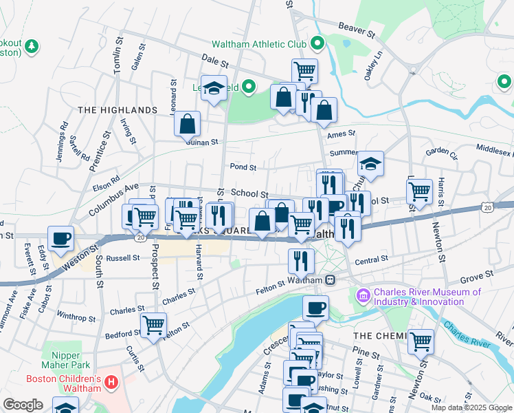 map of restaurants, bars, coffee shops, grocery stores, and more near 186 School Street in Waltham