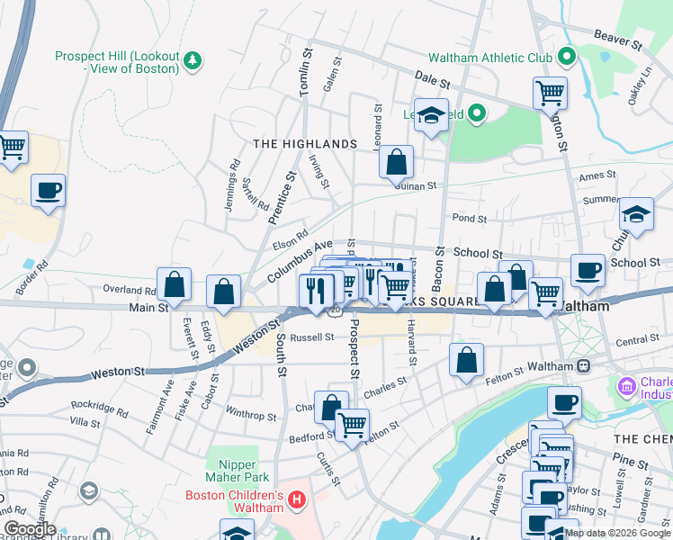 map of restaurants, bars, coffee shops, grocery stores, and more near 50 Hammond Street in Waltham