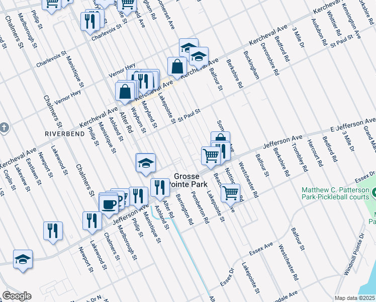 map of restaurants, bars, coffee shops, grocery stores, and more near 1063 Lakepointe Street in Grosse Pointe Park
