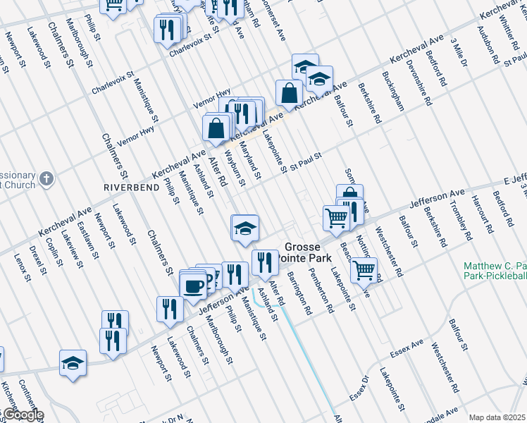 map of restaurants, bars, coffee shops, grocery stores, and more near 1051 Maryland Street in Grosse Pointe Park