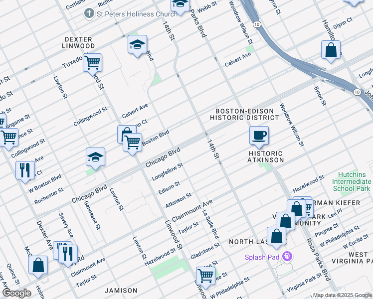 map of restaurants, bars, coffee shops, grocery stores, and more near 2324 Chicago Boulevard in Detroit
