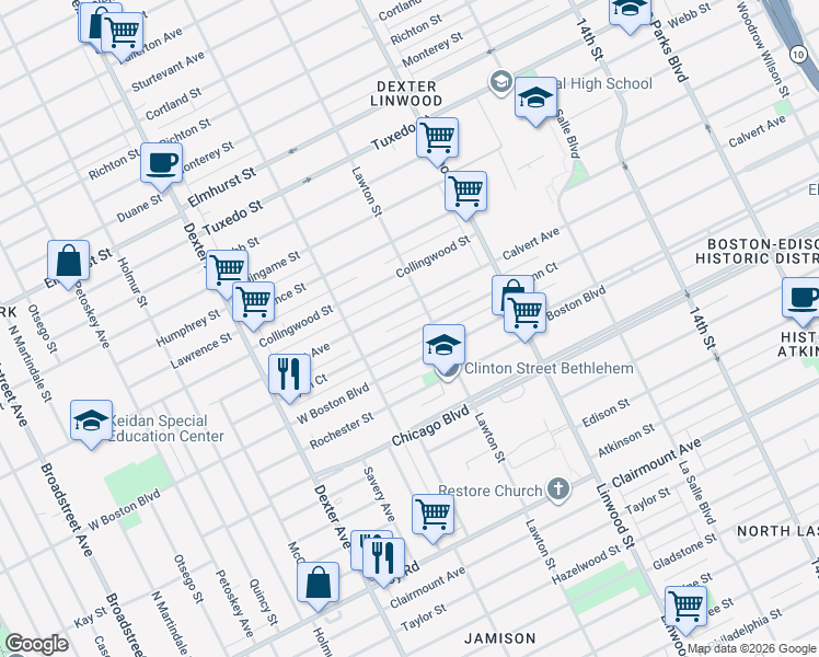 map of restaurants, bars, coffee shops, grocery stores, and more near 2959 Calvert Avenue in Detroit