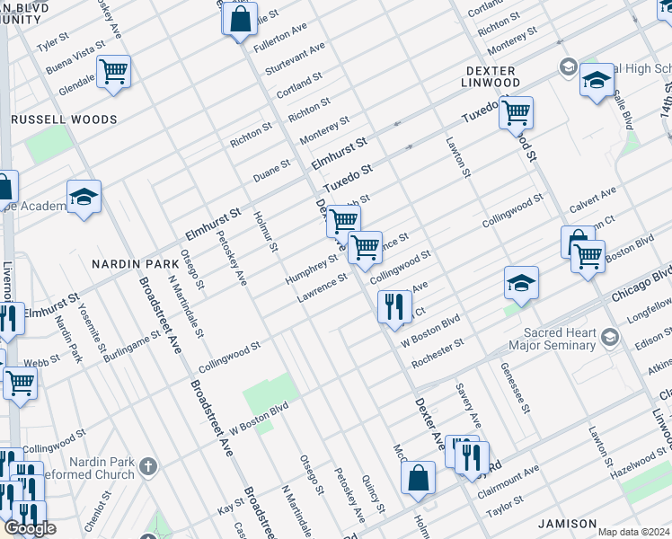 map of restaurants, bars, coffee shops, grocery stores, and more near 3746 Humphrey Street in Detroit