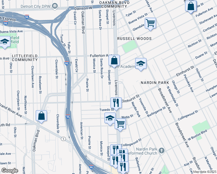 map of restaurants, bars, coffee shops, grocery stores, and more near 12129 Stoepel Street in Detroit