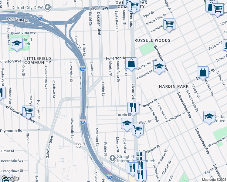 map of restaurants, bars, coffee shops, grocery stores, and more near 12130 Monica Street in Detroit