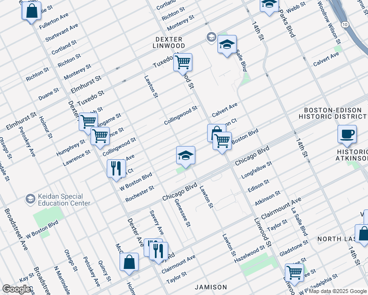map of restaurants, bars, coffee shops, grocery stores, and more near 9932 Lawton Street in Detroit