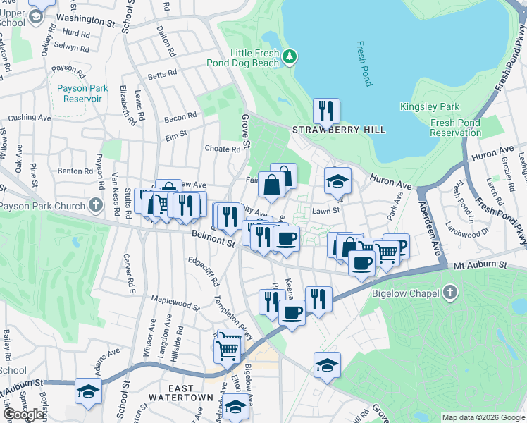 map of restaurants, bars, coffee shops, grocery stores, and more near 53 Dartmouth Street in Belmont